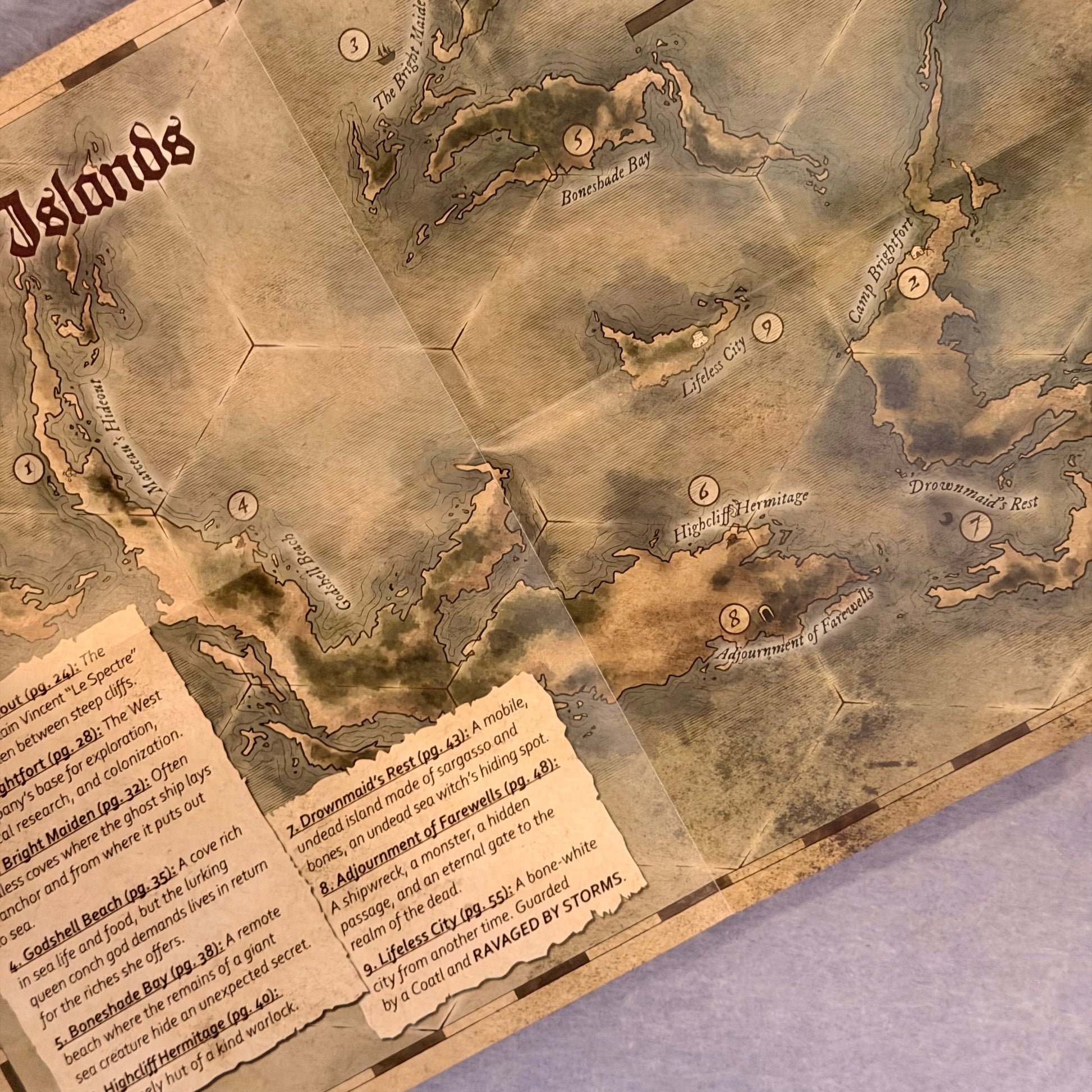Close-up of the Death Wind Islands map with numbered locations