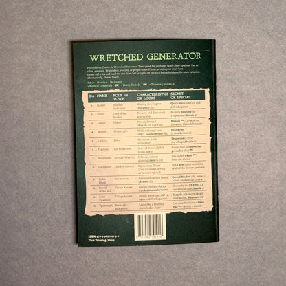 Back cover showing the Wretched Generator table
