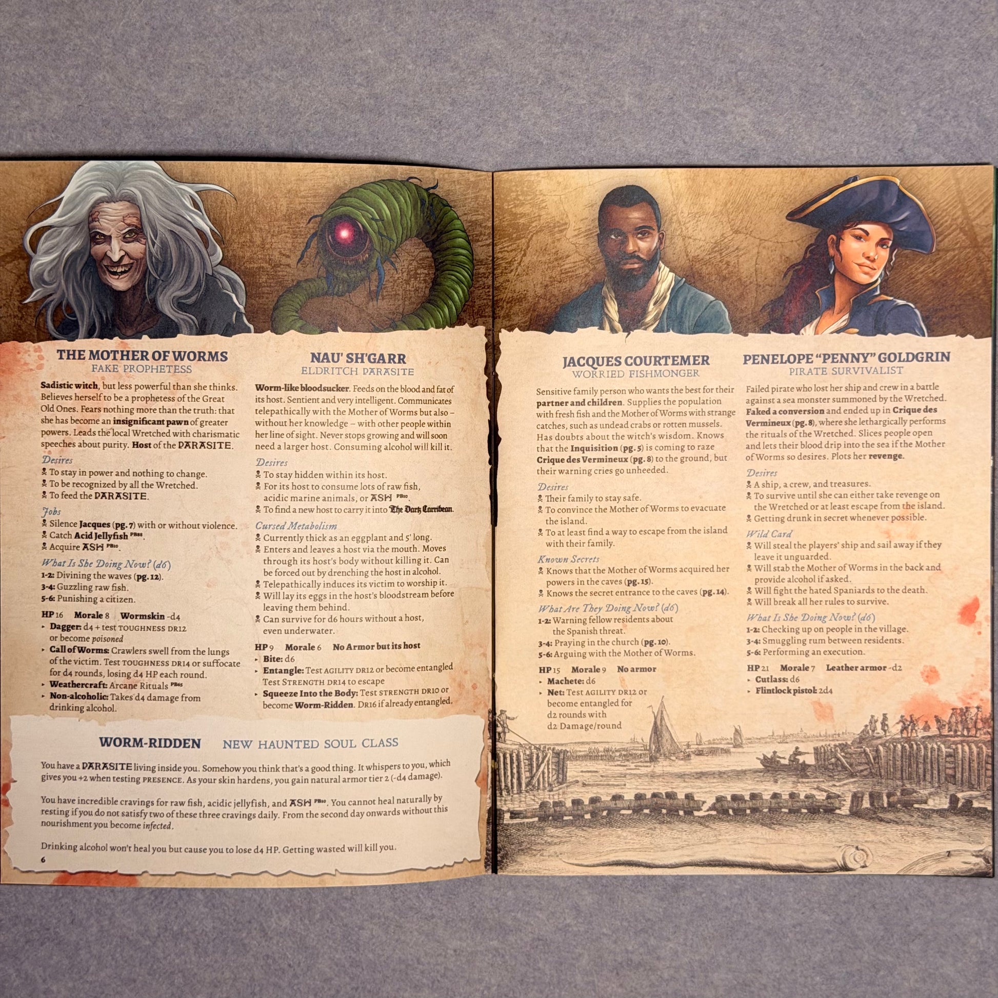 Open spread of NPC entries with portraits of the Mother of Worms and three pirates