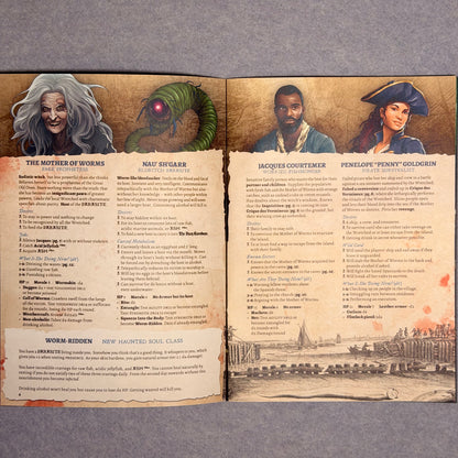 Open spread of NPC entries with portraits of the Mother of Worms and three pirates