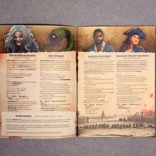 Open spread of NPC entries with portraits of the Mother of Worms and three pirates