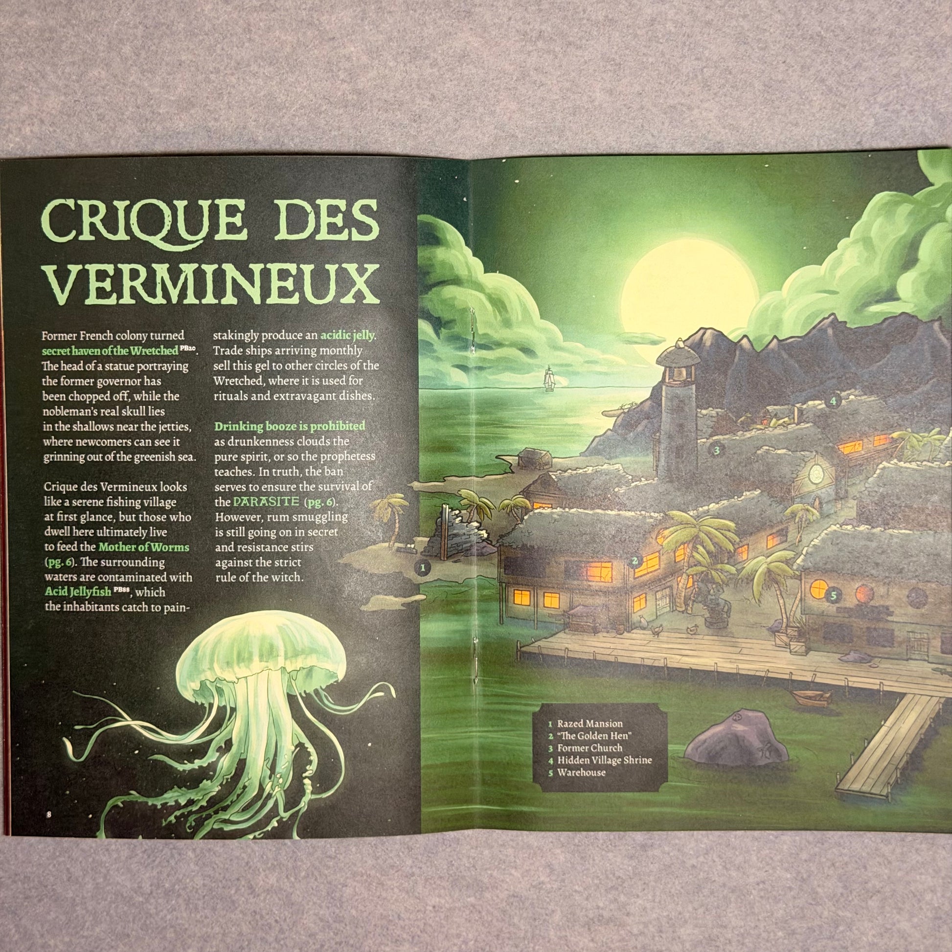Open spread titled Crique des Vermineux, a jellyfish above a green lit fishing village